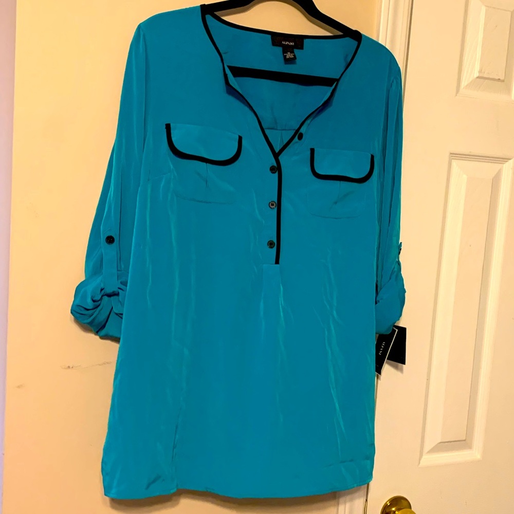 Blue tunic blouse with black detailing; Alfani size 16, Brand new with tags